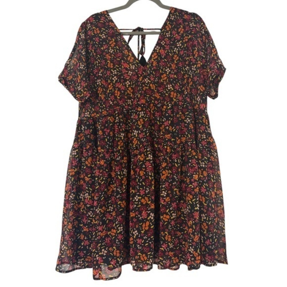 Patrons of Peace Dark Florals V Neck Tiered Boxy Mini Dress Size Large